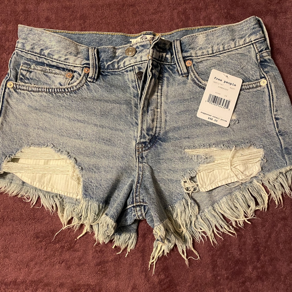 Free People Button Fly Light Blue Distressed Jean Shorts - Picture 7 of 7